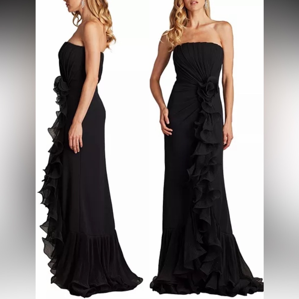 NEW Tadashi Shoji Pleated Strapless Ruffle LEITH RUFFLE Black BOS24386L gown L - Picture 2 of 13